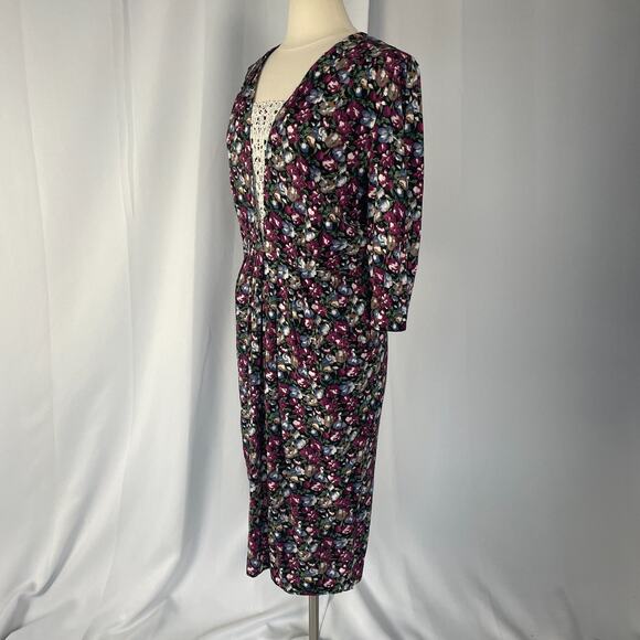 Vintage Midi Dress Size Medium Black Burgundy Floral Lace Cottage Garden 90s - Picture 5 of 16
